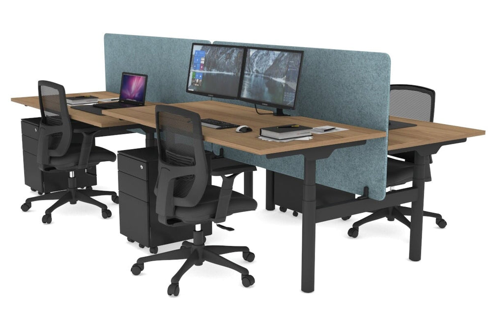 Flexi Premium Height Adjustable 4 Person H-Bench Workstation - Black Frame [1400L x 800W with Cable Scallop]-salvage oak blue acoustic panel (820H x 1400W) none
