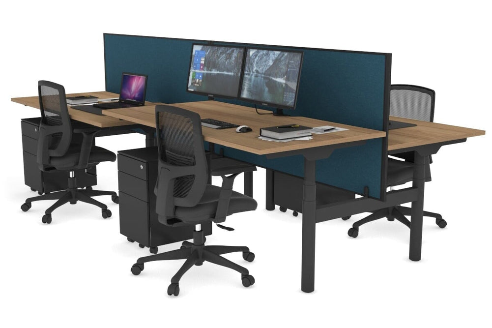 Flexi Premium Height Adjustable 4 Person H-Bench Workstation - Black Frame [1400L x 800W with Cable Scallop]-salvage oak deep blue (820H x 1400W) none