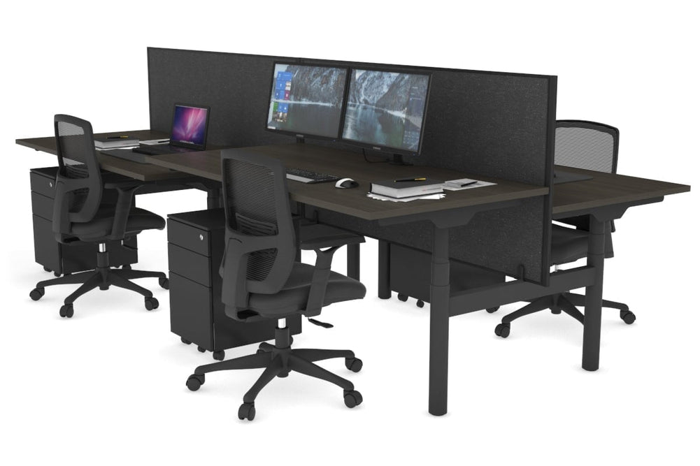 Flexi Premium Height Adjustable 4 Person H-Bench Workstation - Black Frame [1400L x 800W with Cable Scallop]-dark oak moody charchoal (820H x 1400W) none