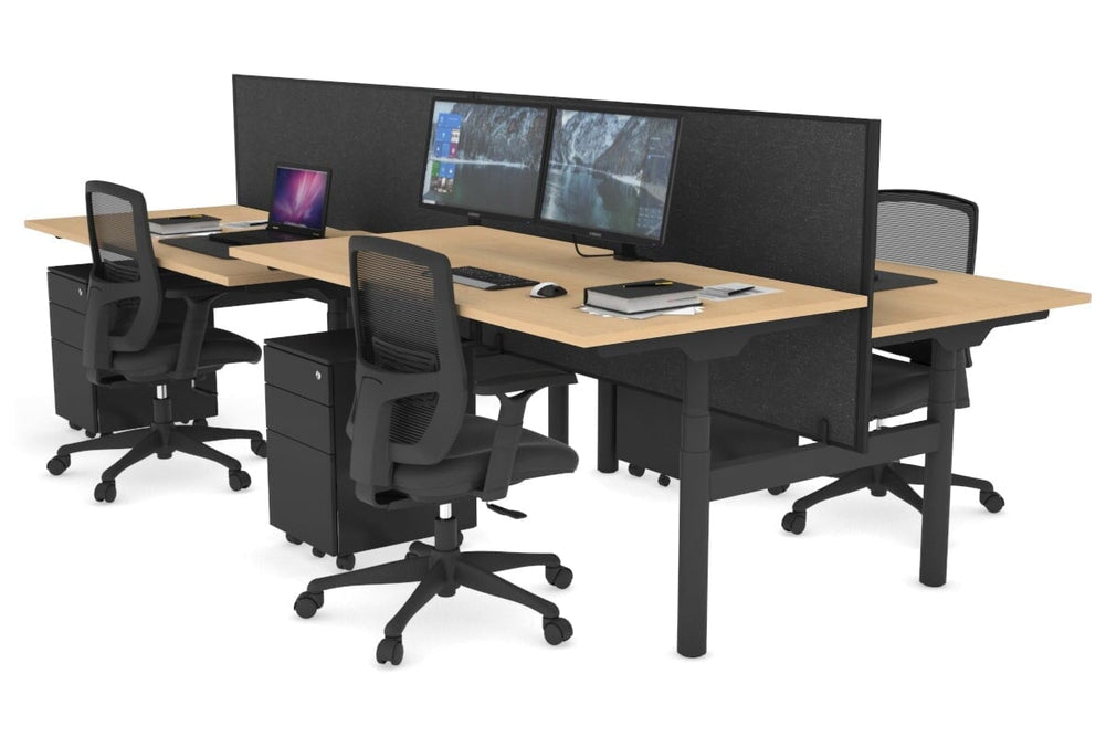 Flexi Premium Height Adjustable 4 Person H-Bench Workstation - Black Frame [1400L x 800W with Cable Scallop]-maple moody charchoal (820H x 1400W) none