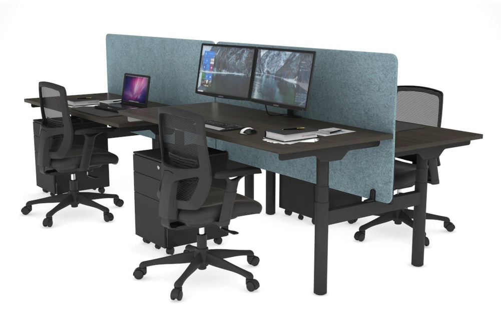 Flexi Premium Height Adjustable 4 Person H-Bench Workstation - Black Frame [1600L x 700W]-dark oak blue acoustic panel (820H x 1600W) none