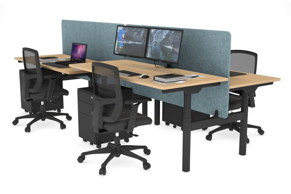 Flexi Premium Height Adjustable 4 Person H-Bench Workstation - Black Frame [1600L x 700W]-maple blue acoustic panel (820H x 1600W) none