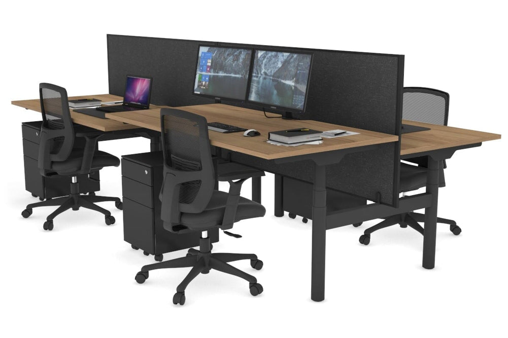 Flexi Premium Height Adjustable 4 Person H-Bench Workstation - Black Frame [1600L x 800W with Cable Scallop]-salvage oak moody charchoal (820H x 1600W) none