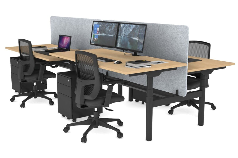 Flexi Premium Height Adjustable 4 Person H-Bench Workstation - Black Frame [1600L x 800W with Cable Scallop]-maple light grey acoustic panel (820H x 1600W) black cable tray