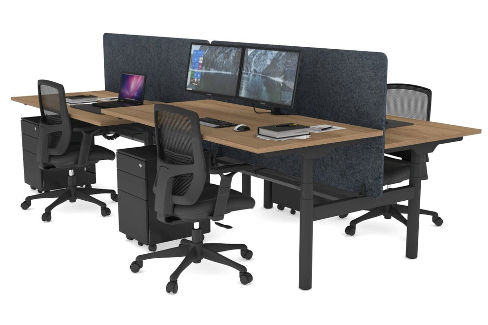 Flexi Premium Height Adjustable 4 Person H-Bench Workstation - Black Frame [1600L x 800W with Cable Scallop]-salvage oak dark grey acoustic panel (820H x 1600W) black cable tray
