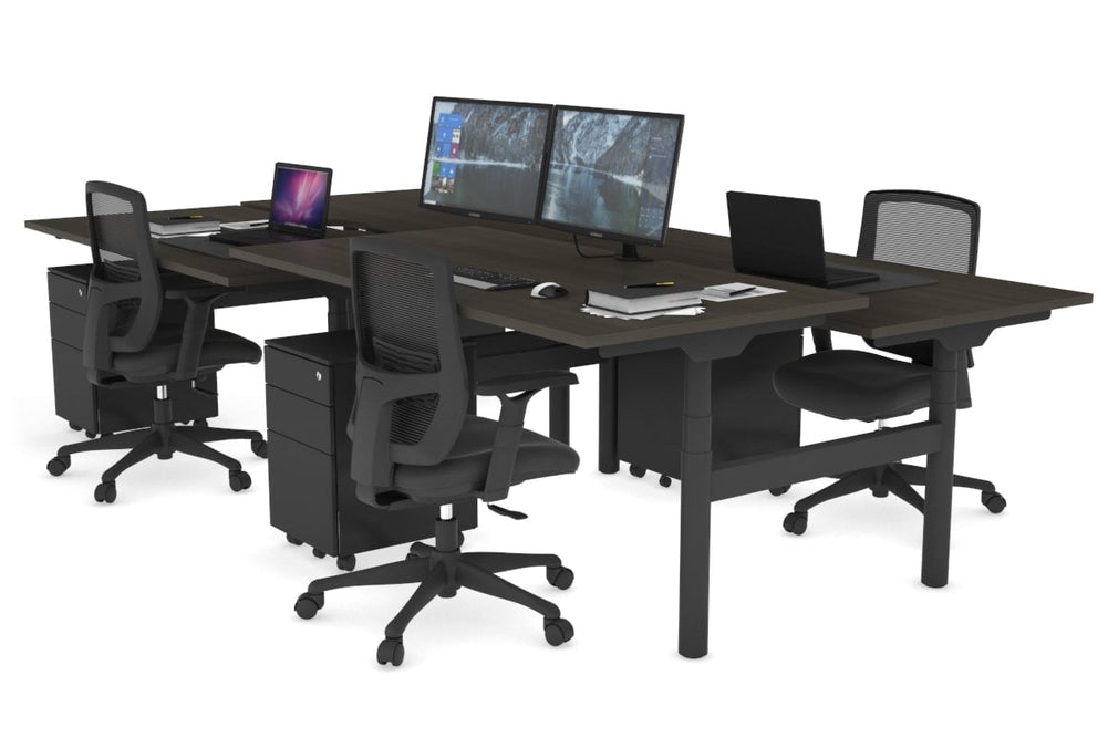 Flexi Premium Height Adjustable 4 Person H-Bench Workstation - Black Frame [1600L x 800W with Cable Scallop]-dark oak none none