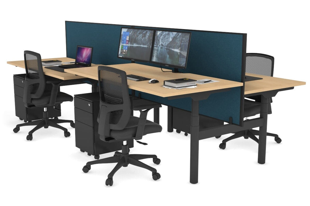 Flexi Premium Height Adjustable 4 Person H-Bench Workstation - Black Frame [1600L x 800W with Cable Scallop]-maple deep blue (820H x 1600W) none