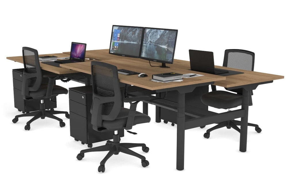 Flexi Premium Height Adjustable 4 Person H-Bench Workstation - Black Frame [1600L x 800W with Cable Scallop]-salvage oak none black cable tray