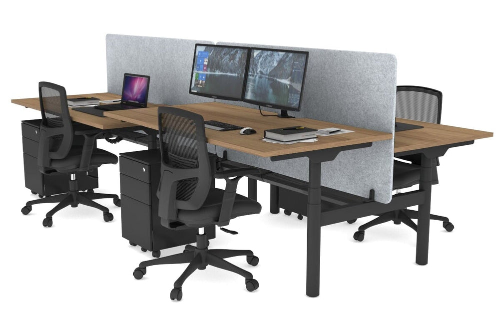 Flexi Premium Height Adjustable 4 Person H-Bench Workstation - Black Frame [1600L x 800W with Cable Scallop]-salvage oak light grey acoustic panel (820H x 1600W) black cable tray