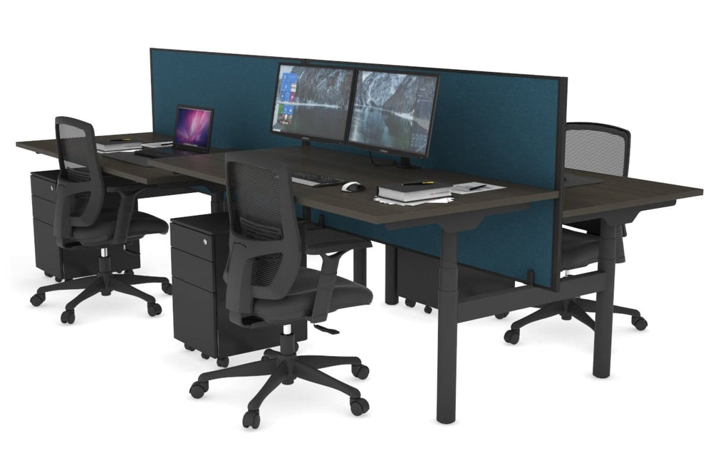 Flexi Premium Height Adjustable 4 Person H-Bench Workstation - Black Frame [1600L x 800W with Cable Scallop]-dark oak deep blue (820H x 1600W) none