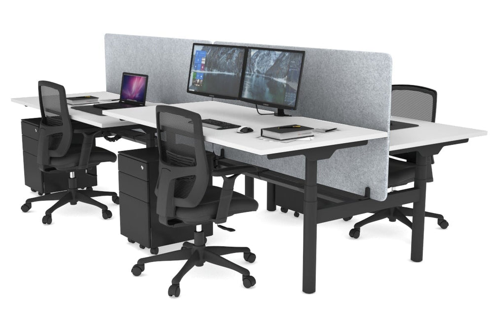 Flexi Premium Height Adjustable 4 Person H-Bench Workstation - Black Frame [1600L x 800W with Cable Scallop]-white light grey acoustic panel (820H x 1600W) black cable tray