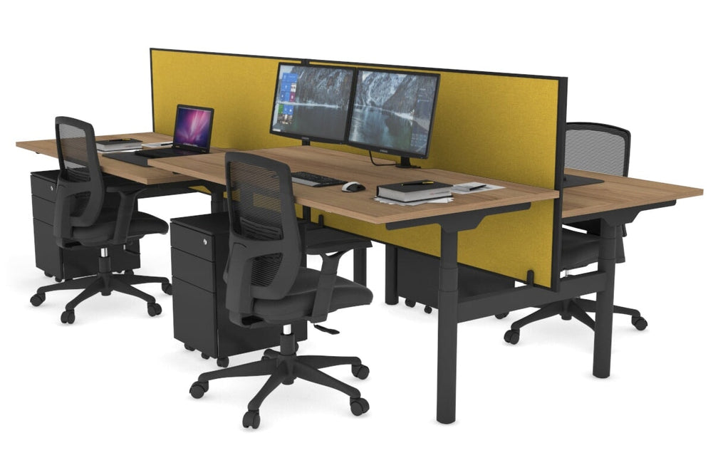 Flexi Premium Height Adjustable 4 Person H-Bench Workstation - Black Frame [1600L x 800W with Cable Scallop]-salvage oak mustard yellow (820H x 1600W) none