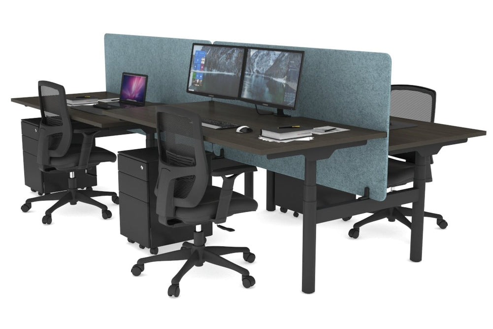 Flexi Premium Height Adjustable 4 Person H-Bench Workstation - Black Frame [1600L x 800W with Cable Scallop]-dark oak blue acoustic panel (820H x 1600W) none