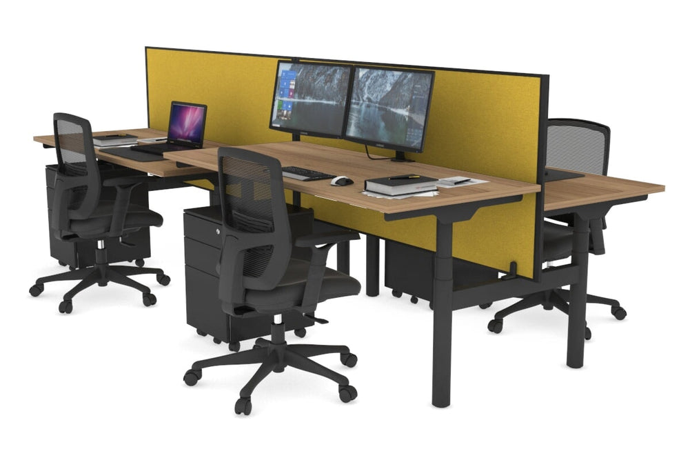 Flexi Premium Height Adjustable 4 Person H-Bench Workstation - Black Frame [1800L x 700W]-salvage oak mustard yellow (820H x 1800W) none