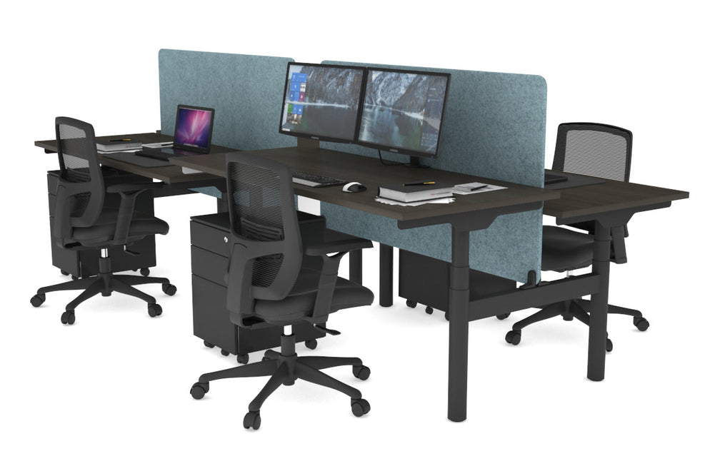 Flexi Premium Height Adjustable 4 Person H-Bench Workstation - Black Frame [1800L x 700W]-dark oak blue acoustic panel (820H x 1600W) none