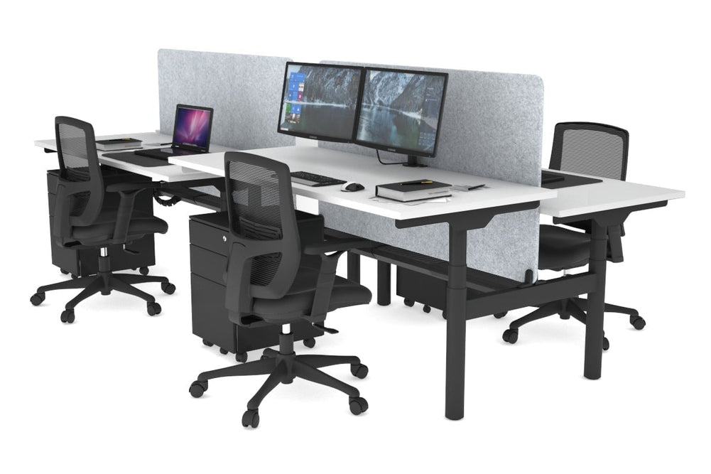 Flexi Premium Height Adjustable 4 Person H-Bench Workstation - Black Frame [1800L x 700W]-white light grey acoustic panel (820H x 1600W) black cable tray
