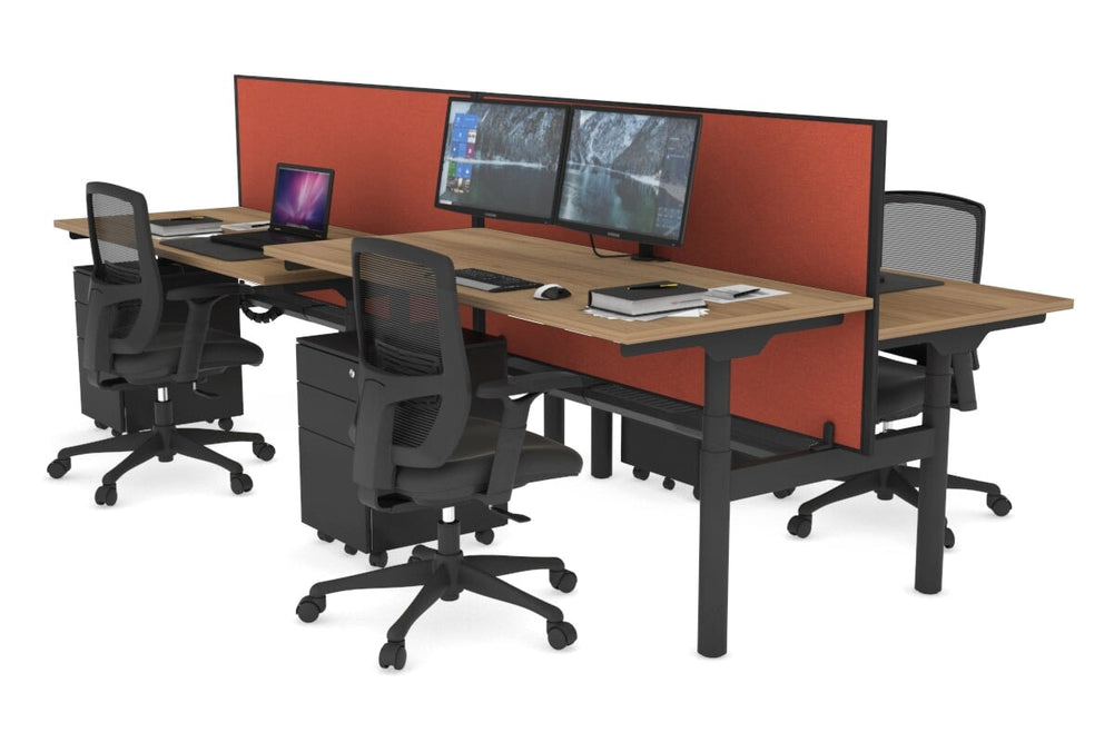 Flexi Premium Height Adjustable 4 Person H-Bench Workstation - Black Frame [1800L x 700W]-salvage oak orange squash (820H x 1800W) black cable tray
