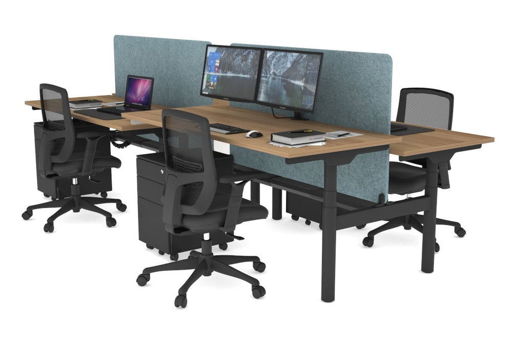 Flexi Premium Height Adjustable 4 Person H-Bench Workstation - Black Frame [1800L x 700W]-salvage oak blue acoustic panel (820H x 1600W) black cable tray
