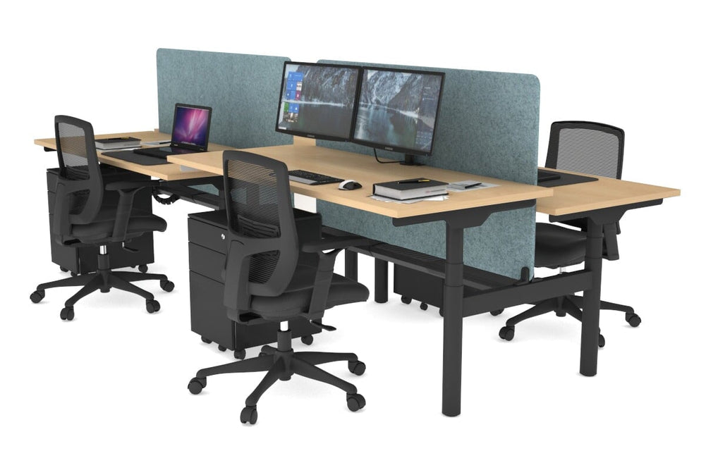Flexi Premium Height Adjustable 4 Person H-Bench Workstation - Black Frame [1800L x 700W]-maple blue acoustic panel (820H x 1600W) black cable tray