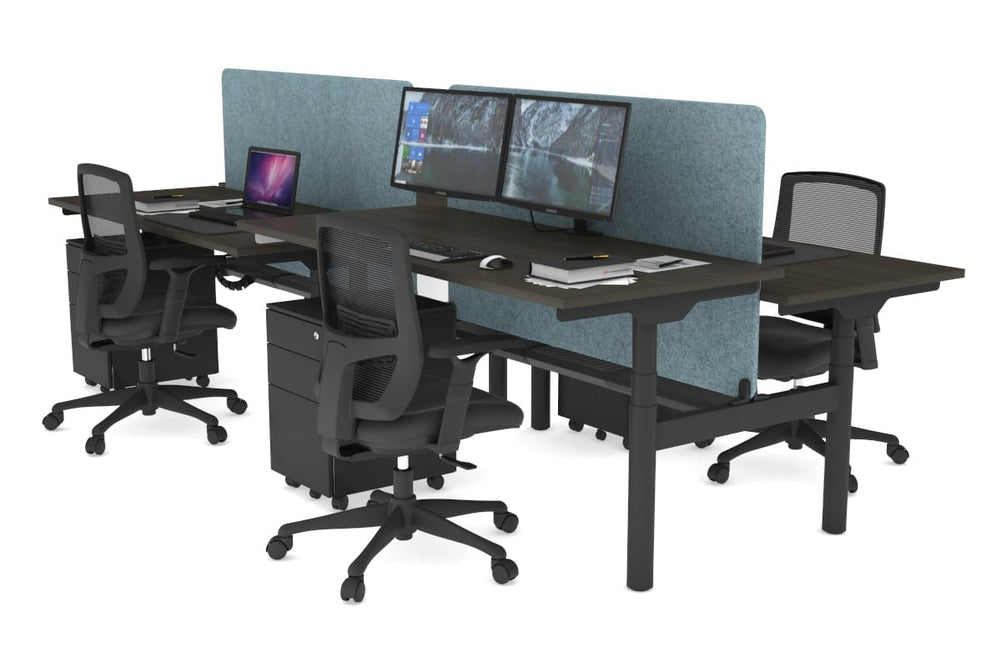 Flexi Premium Height Adjustable 4 Person H-Bench Workstation - Black Frame [1800L x 700W]-dark oak blue acoustic panel (820H x 1600W) black cable tray