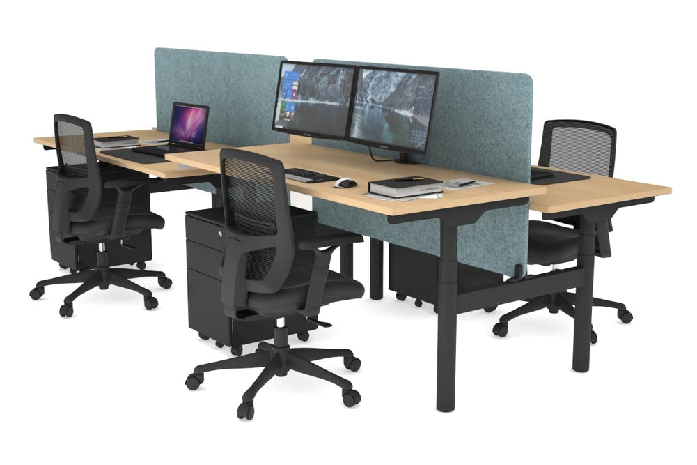Flexi Premium Height Adjustable 4 Person H-Bench Workstation - Black Frame [1800L x 700W]-maple blue acoustic panel (820H x 1600W) none