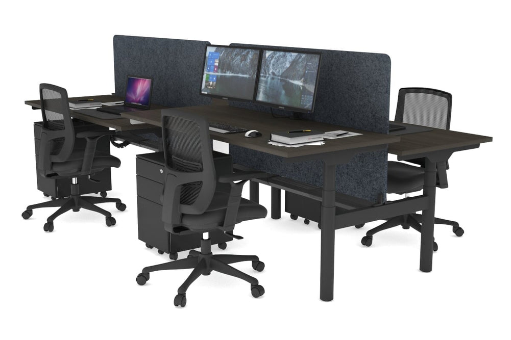 Flexi Premium Height Adjustable 4 Person H-Bench Workstation - Black Frame [1800L x 700W]-dark oak dark grey acoustic panel (820H x 1600W) black cable tray