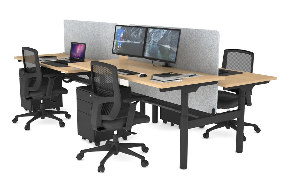 Flexi Premium Height Adjustable 4 Person H-Bench Workstation - Black Frame [1800L x 700W]-maple light grey acoustic panel (820H x 1600W) black cable tray
