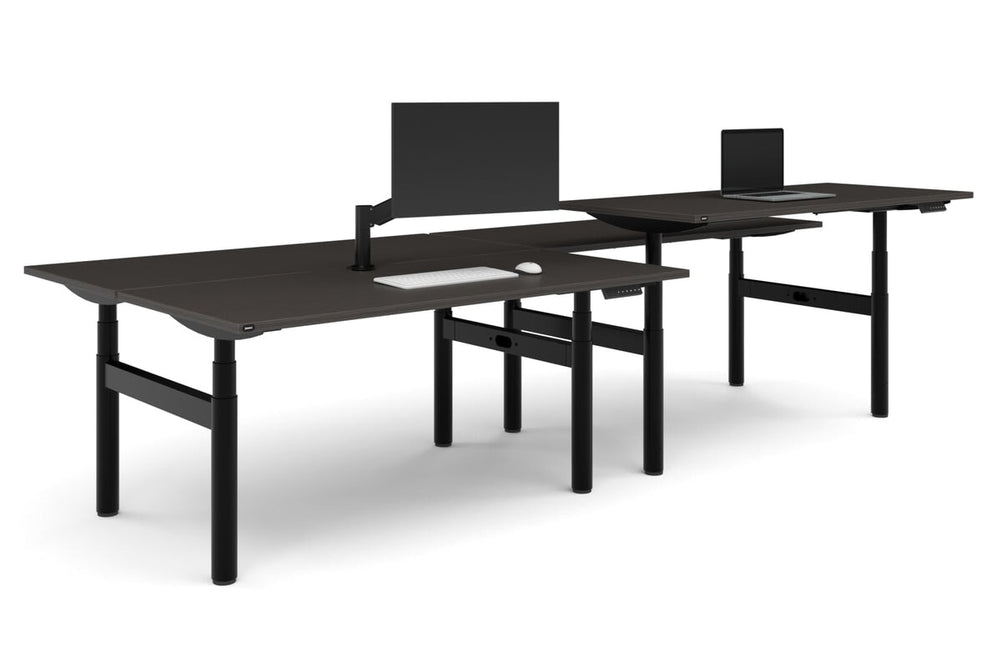 Flexi Premium Height Adjustable 4 Person H-Bench Workstation - Black Frame [1800L x 700W]-dark oak none none