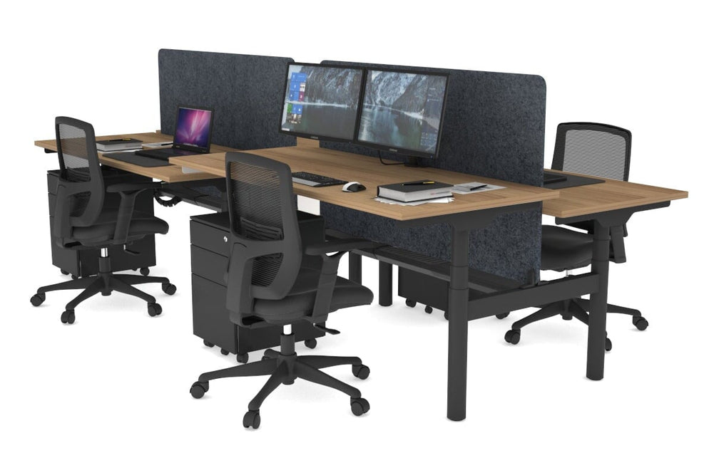 Flexi Premium Height Adjustable 4 Person H-Bench Workstation - Black Frame [1800L x 700W]-salvage oak dark grey acoustic panel (820H x 1600W) black cable tray