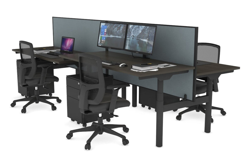 Flexi Premium Height Adjustable 4 Person H-Bench Workstation - Black Frame [1800L x 700W]-dark oak cool grey (820H x 1800W) none