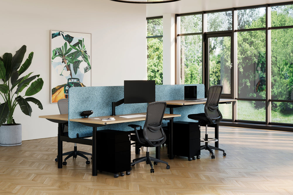 Flexi Premium Height Adjustable 4 Person H-Bench Workstation - Black Frame [1200L x 700W]-dark oak moody charchoal (820H x 1200W) black cable tray