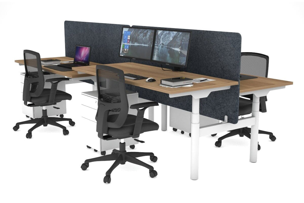 Flexi Premium Height Adjustable 4 Person H-Bench Workstation - White Frame [1200L x 700W]-salvage oak dark grey acoustic panel (820H x 1200W) none