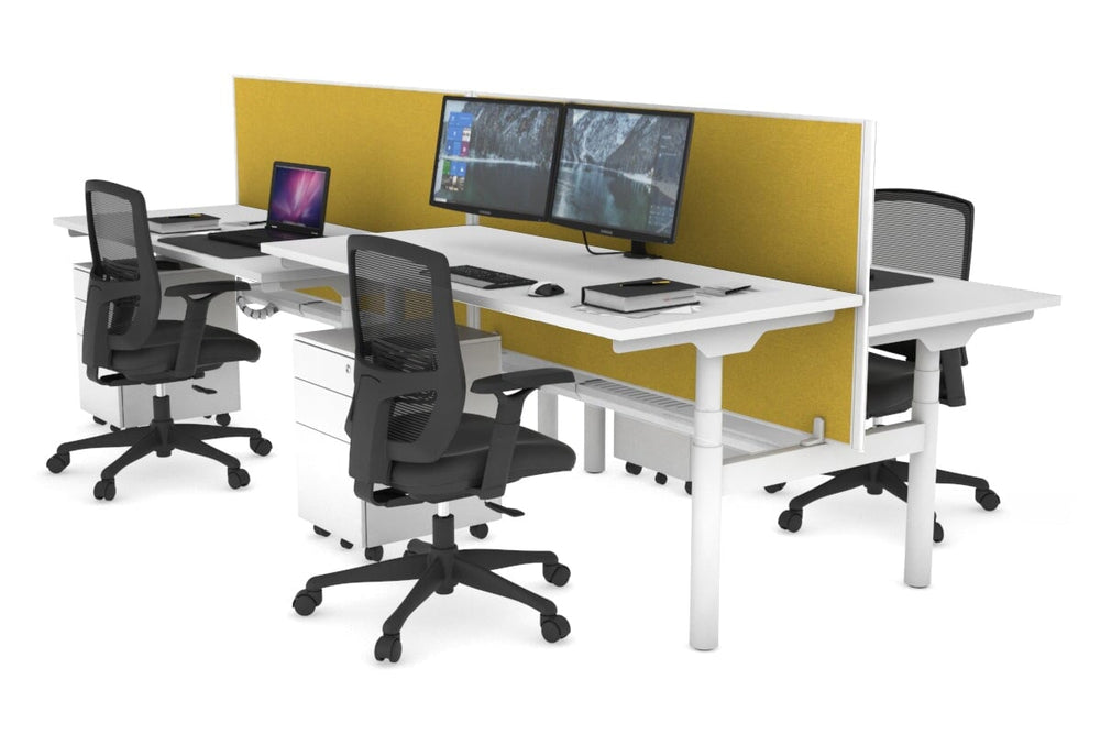 Flexi Premium Height Adjustable 4 Person H-Bench Workstation - White Frame [1200L x 700W]-white mustard yellow (820H x 1200W) white cable tray