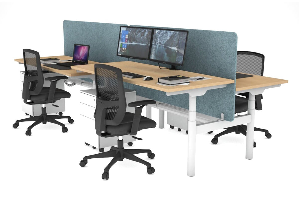 Flexi Premium Height Adjustable 4 Person H-Bench Workstation - White Frame [1200L x 700W]-maple blue acoustic panel (820H x 1200W) white cable tray