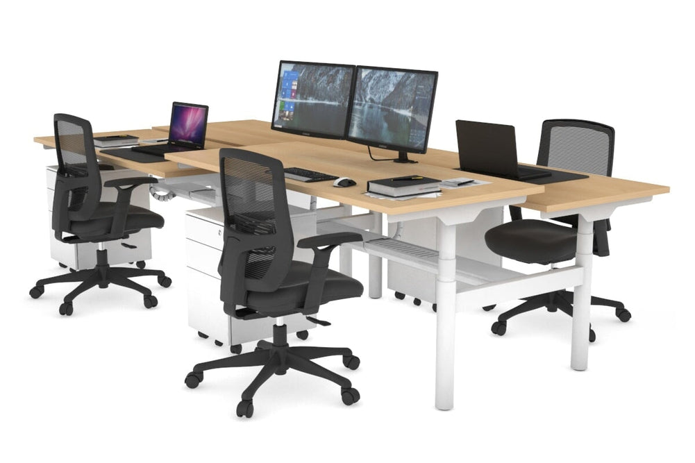 Flexi Premium Height Adjustable 4 Person H-Bench Workstation - White Frame [1200L x 700W]-maple none white cable tray