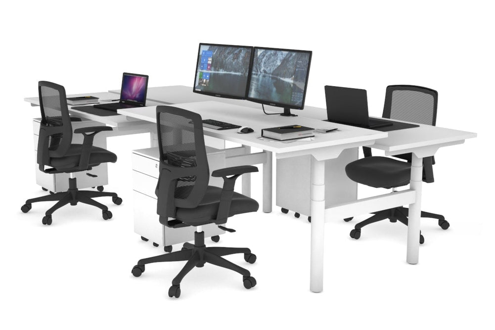 Flexi Premium Height Adjustable 4 Person H-Bench Workstation - White Frame [1200L x 700W]-white none none