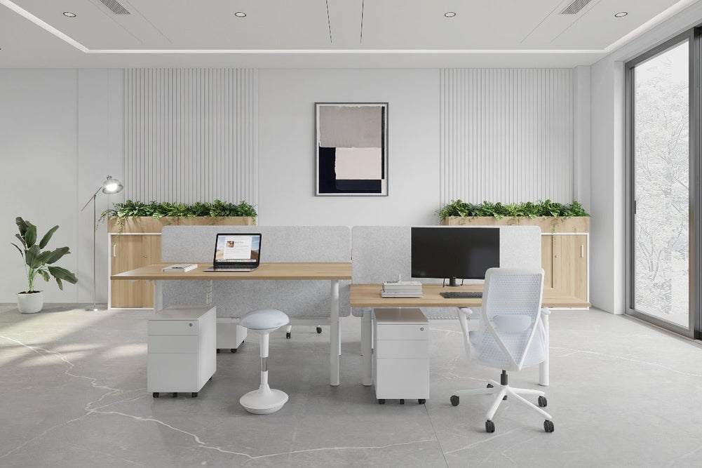 Flexi Premium Height Adjustable 4 Person H-Bench Workstation - White Frame [1200L x 700W]-dark oak moody charchoal (820H x 1200W) white cable tray