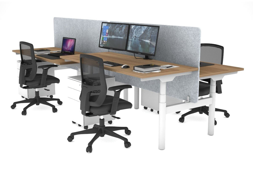 Flexi Premium Height Adjustable 4 Person H-Bench Workstation - White Frame [1200L x 700W]-salvage oak light grey acoustic panel (820H x 1200W) none