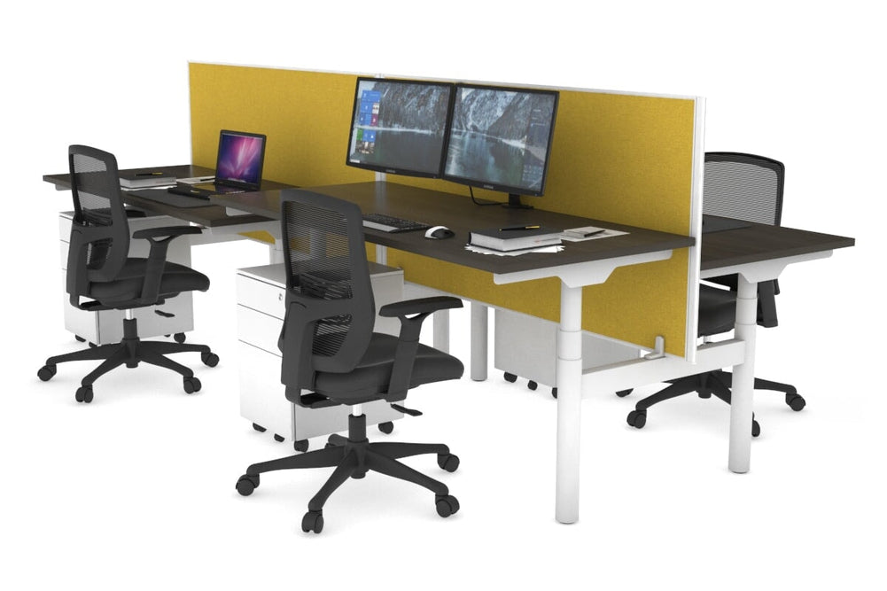 Flexi Premium Height Adjustable 4 Person H-Bench Workstation - White Frame [1200L x 700W]-dark oak mustard yellow (820H x 1200W) none