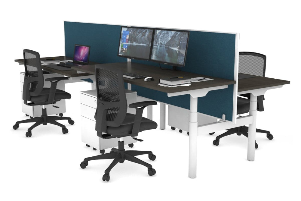 Flexi Premium Height Adjustable 4 Person H-Bench Workstation - White Frame [1200L x 700W]-dark oak deep blue (820H x 1200W) none