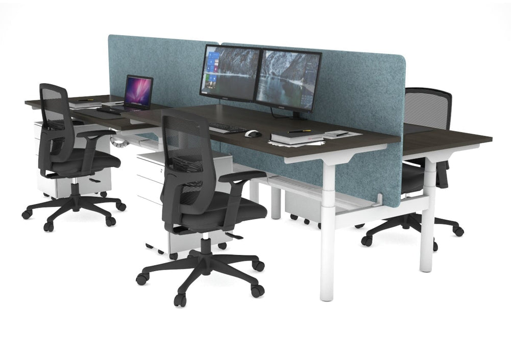 Flexi Premium Height Adjustable 4 Person H-Bench Workstation - White Frame [1200L x 700W]-dark oak blue acoustic panel (820H x 1200W) white cable tray