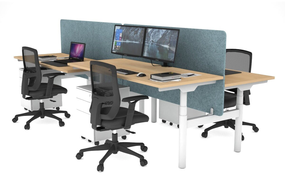 Flexi Premium Height Adjustable 4 Person H-Bench Workstation - White Frame [1200L x 700W]-maple blue acoustic panel (820H x 1200W) none