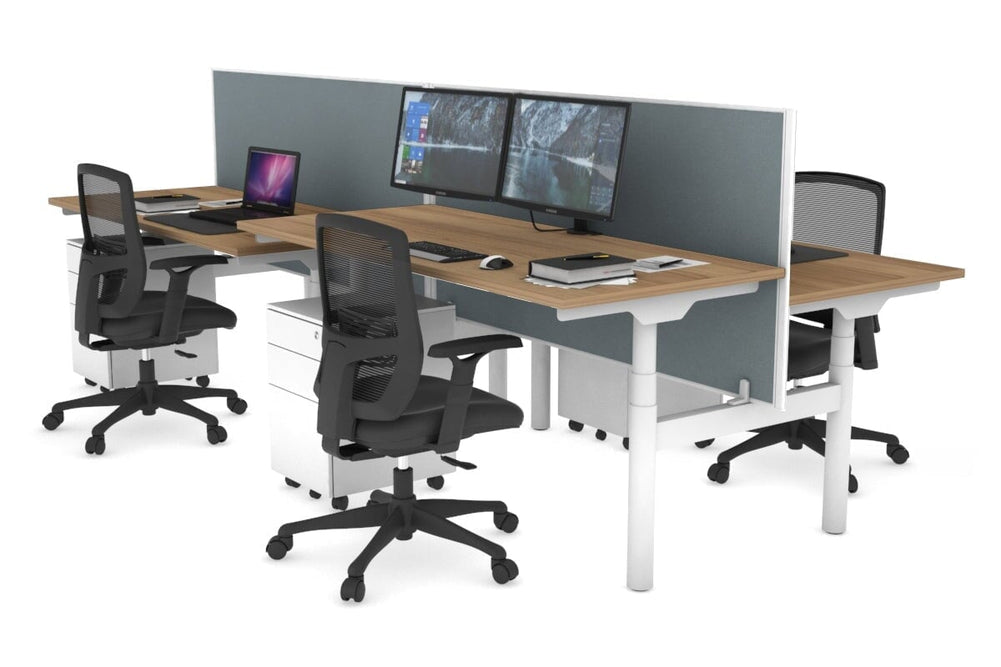 Flexi Premium Height Adjustable 4 Person H-Bench Workstation - White Frame [1400L x 700W]-salvage oak cool grey (820H x 1400W) none