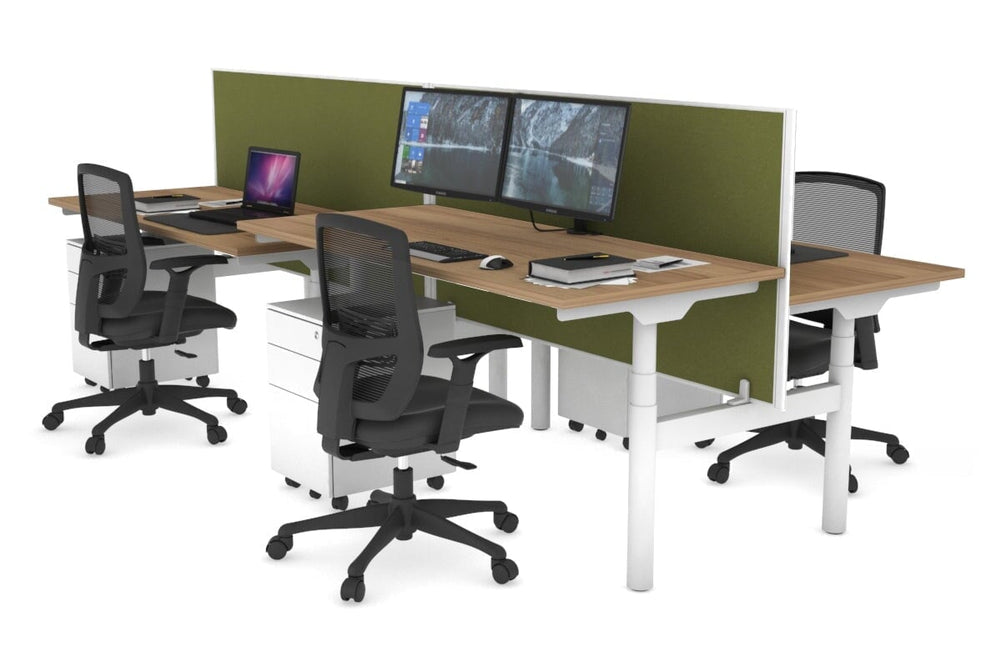 Flexi Premium Height Adjustable 4 Person H-Bench Workstation - White Frame [1400L x 700W]-salvage oak green moss (820H x 1400W) none