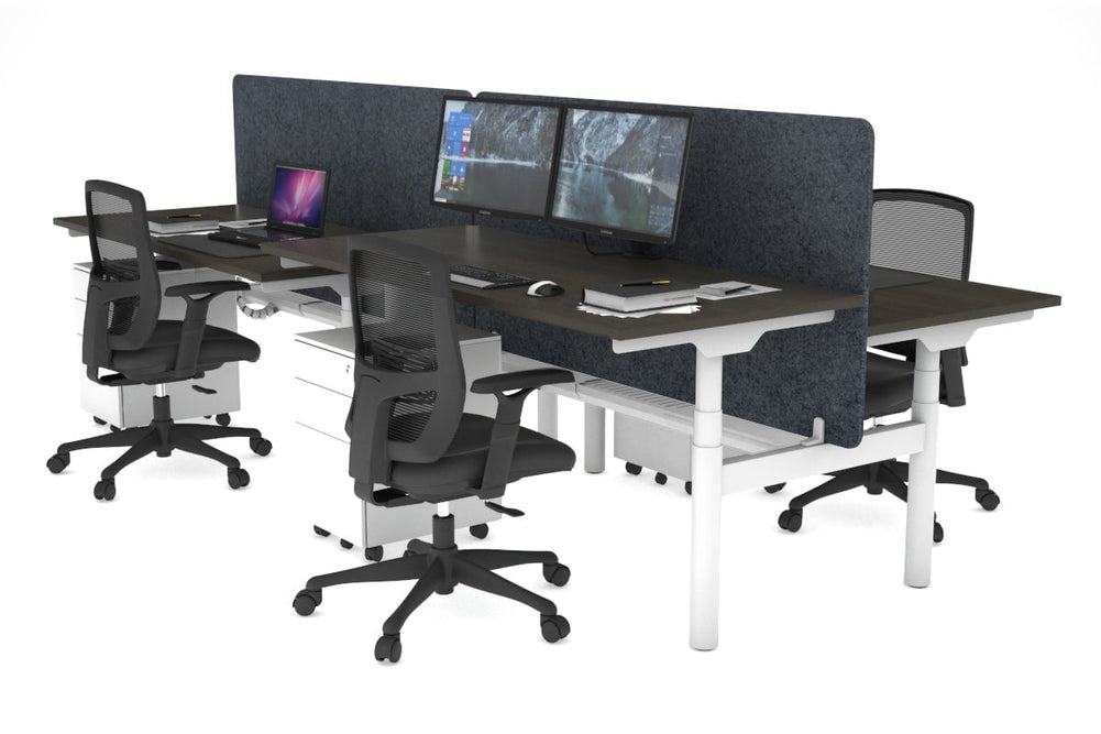 Flexi Premium Height Adjustable 4 Person H-Bench Workstation - White Frame [1400L x 700W]-dark oak dark grey acoustic panel (820H x 1400W) white cable tray