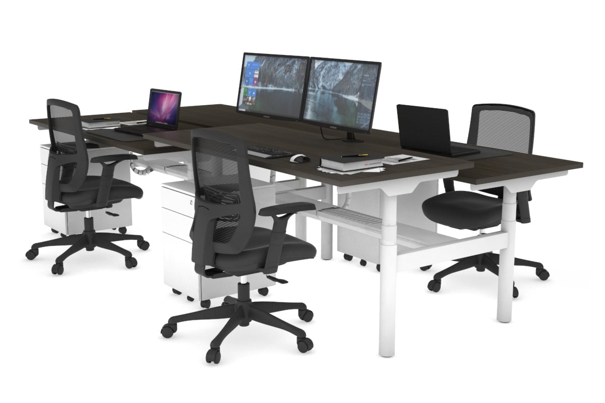 Flexi Premium Height Adjustable 4 Person H-Bench Workstation - White Frame [1400L x 700W] Jasonl dark oak none white cable tray