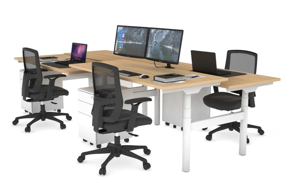 Flexi Premium Height Adjustable 4 Person H-Bench Workstation - White Frame [1400L x 700W]-maple none none