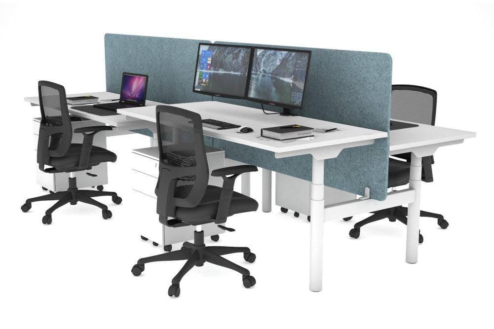 Flexi Premium Height Adjustable 4 Person H-Bench Workstation - White Frame [1400L x 700W]-white blue acoustic panel (820H x 1400W) none