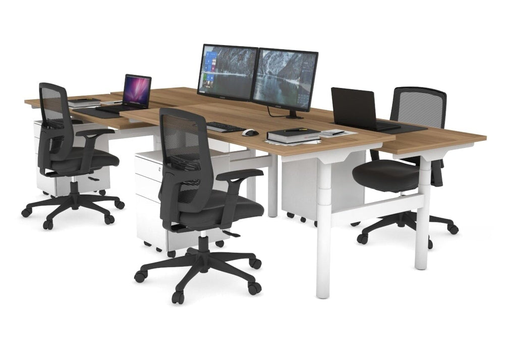 Flexi Premium Height Adjustable 4 Person H-Bench Workstation - White Frame [1400L x 700W]-salvage oak none none