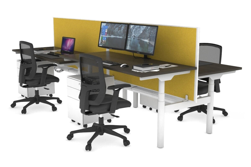 Flexi Premium Height Adjustable 4 Person H-Bench Workstation - White Frame [1400L x 700W]-dark oak mustard yellow (820H x 1400W) white cable tray